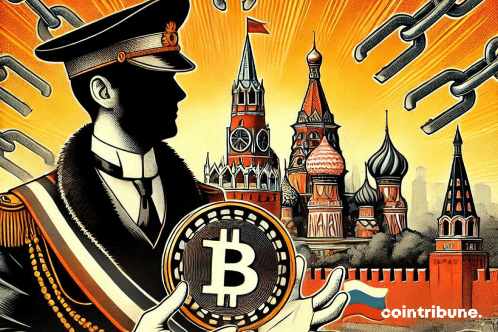 Image of a Russian officer holding bitcoin coins as economic freedom