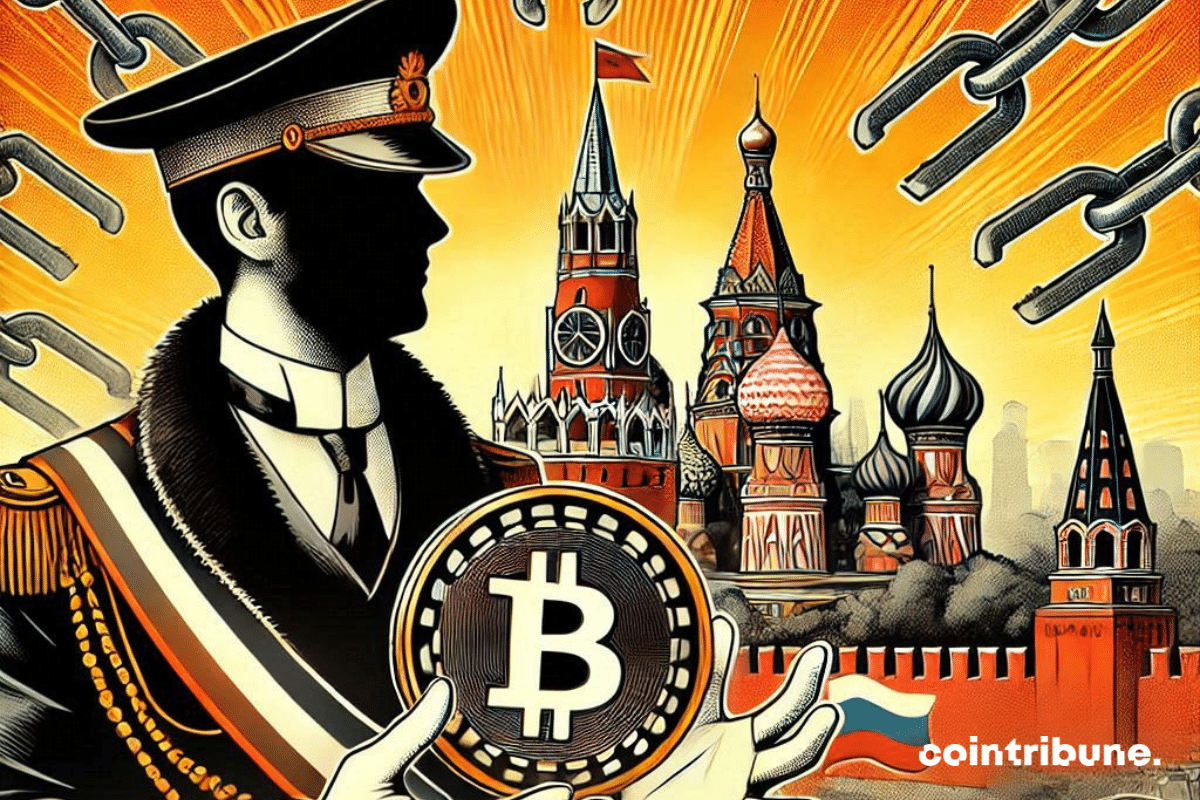 Image of a Russian officer holding a Bitcoin coin as a sign of economic freedom