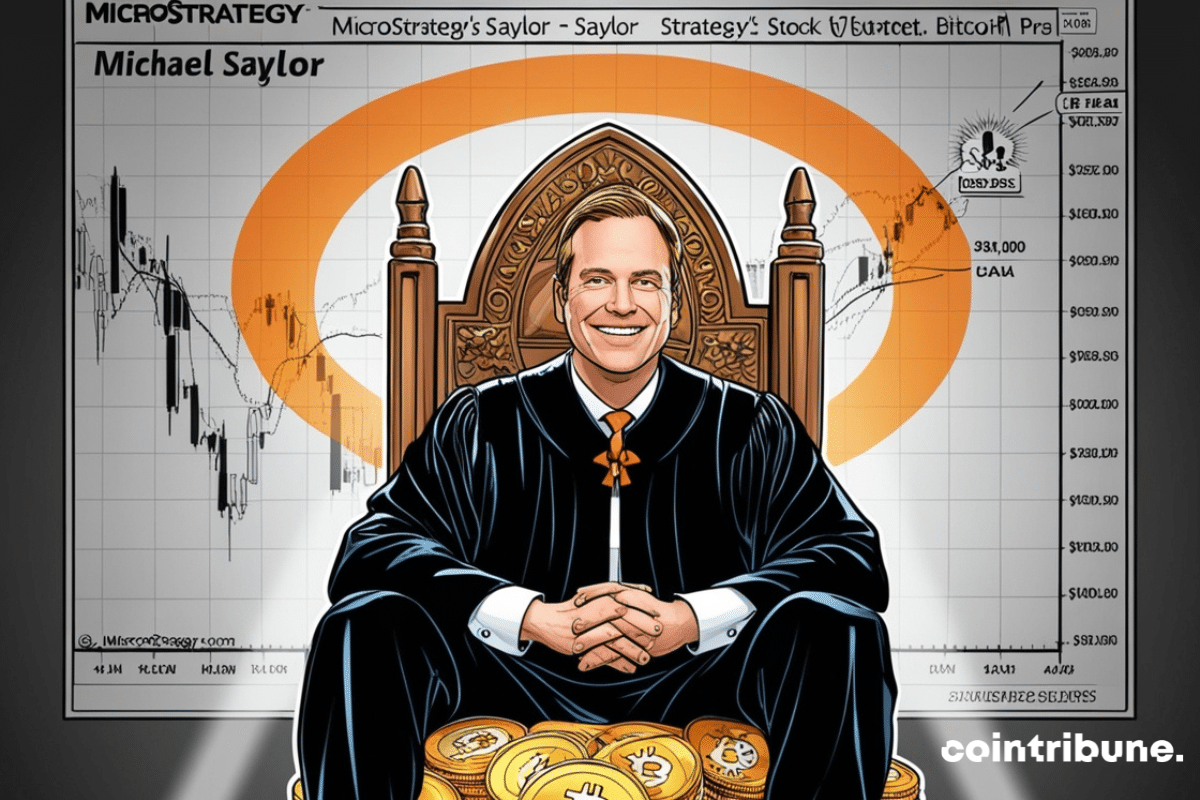 Michael Saylor sitting on a Bitcoin throne