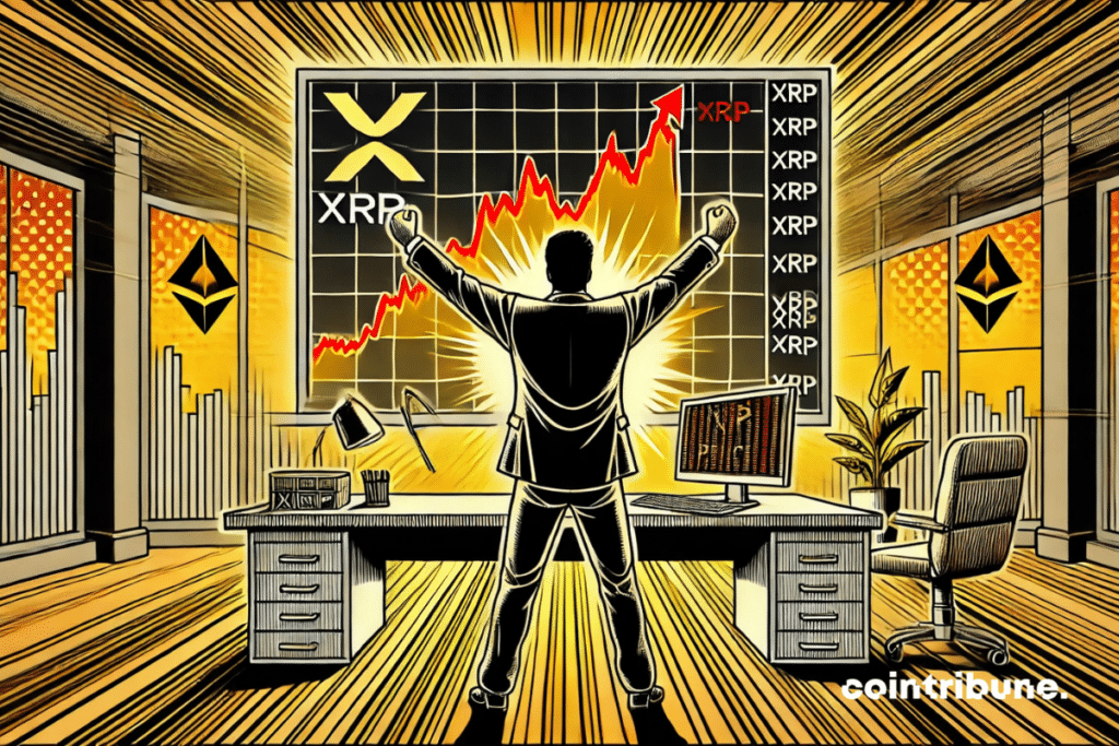 A modern office, close-up view of a screen showing an XRP chart with a sharp rise.