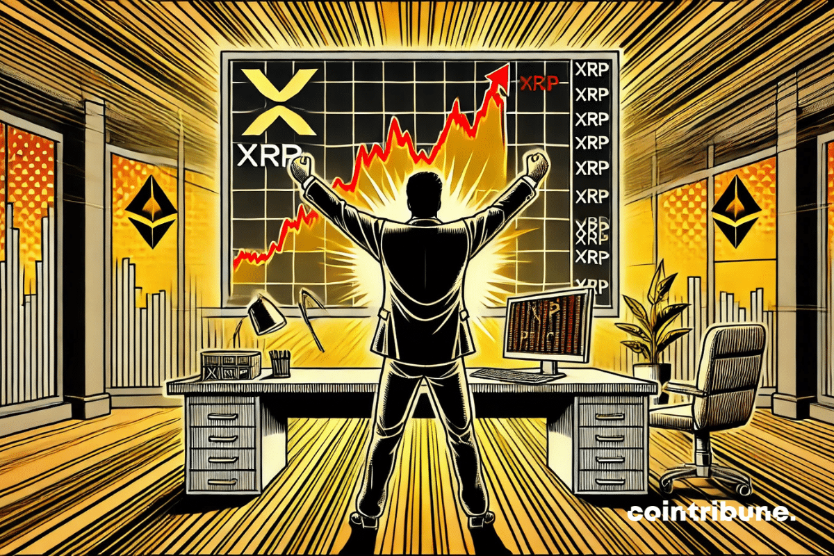 Una oficina moderna, vista de cerca de una pantalla que muestra un gráfico de XRP en fuerte ascenso.