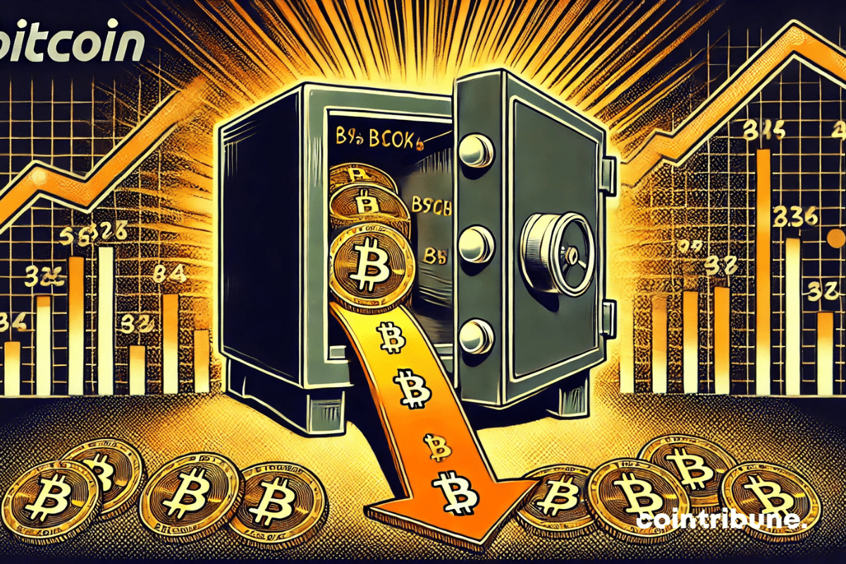 An open and empty safe with only a few Bitcoin coins left at the bottom. Bright arrows emerge from the safe, symbolizing the outflow from Binance and Coinbase exchanges.