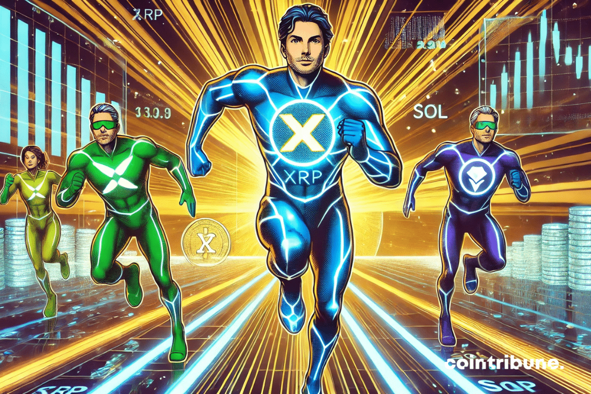 Trois super-héros stylisés en plein sprint dans une course futuriste sur une piste numérique luminescente. Le héros en tête représente le XRP, avec un costume bleu et doré éclatant, arborant un grand symbole XRP lumineux sur sa poitrine, son visage exprimant la confiance et la détermination. Derrière lui, deux autres héros tentent de le rattraper : l’un représente Tether, vêtu de vert avec un symbole "T", et l’autre Solana, en violet et noir avec un symbole "SOL". La piste est bordée de graphiques financiers holographiques et de faisceaux lumineux, renforçant l’idée d’une compétition intense dans l’univers technologique des cryptos. L’ambiance est dynamique et compétitive, avec un accent sur la vitesse et la tension.