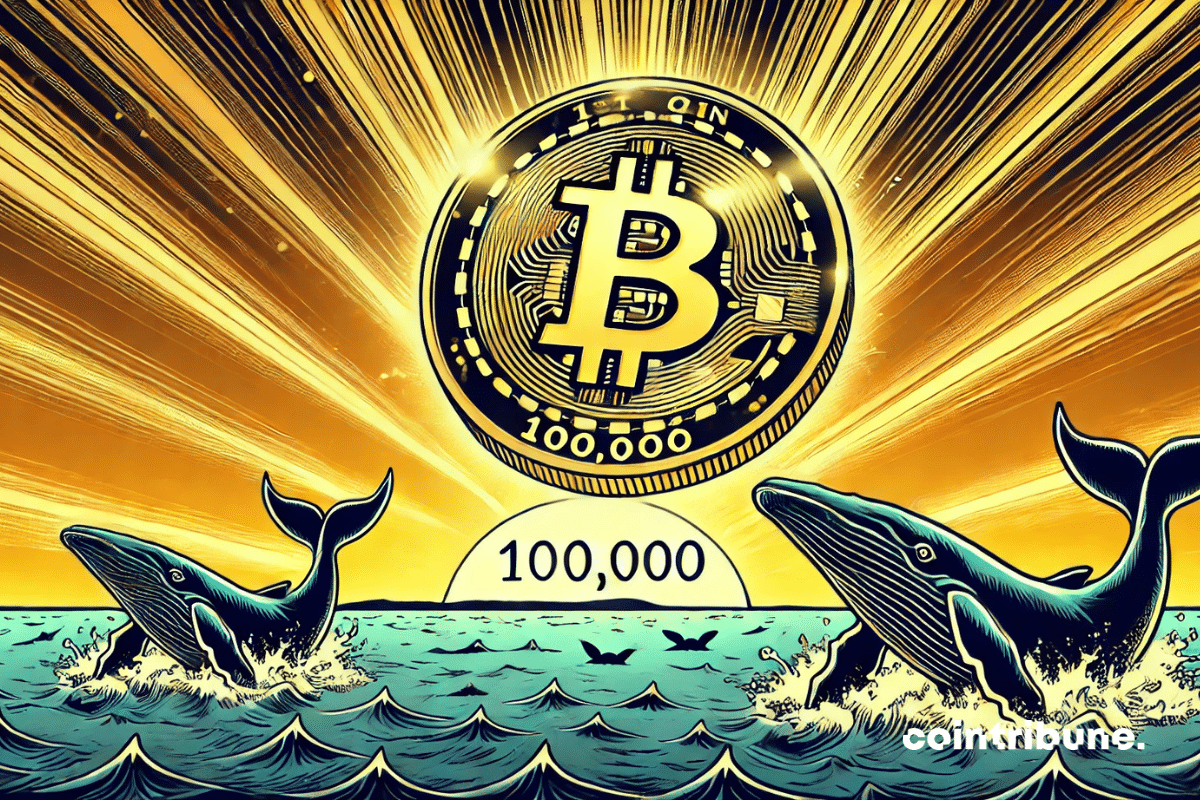 A large golden Bitcoin coin rising into the sky, with the number "100,000" shining on it. Whales watching from the ground in a waiting posture.