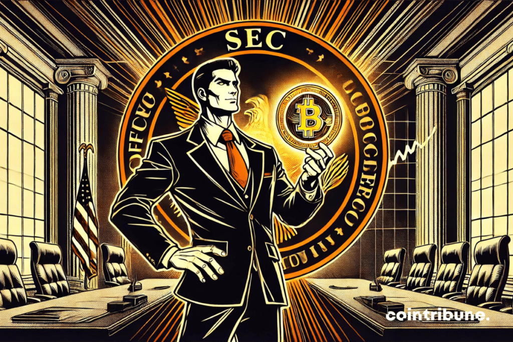 Paul Atkins, confident, holds a luminous Bitcoin coin in an official setting with the SEC seal in the background.