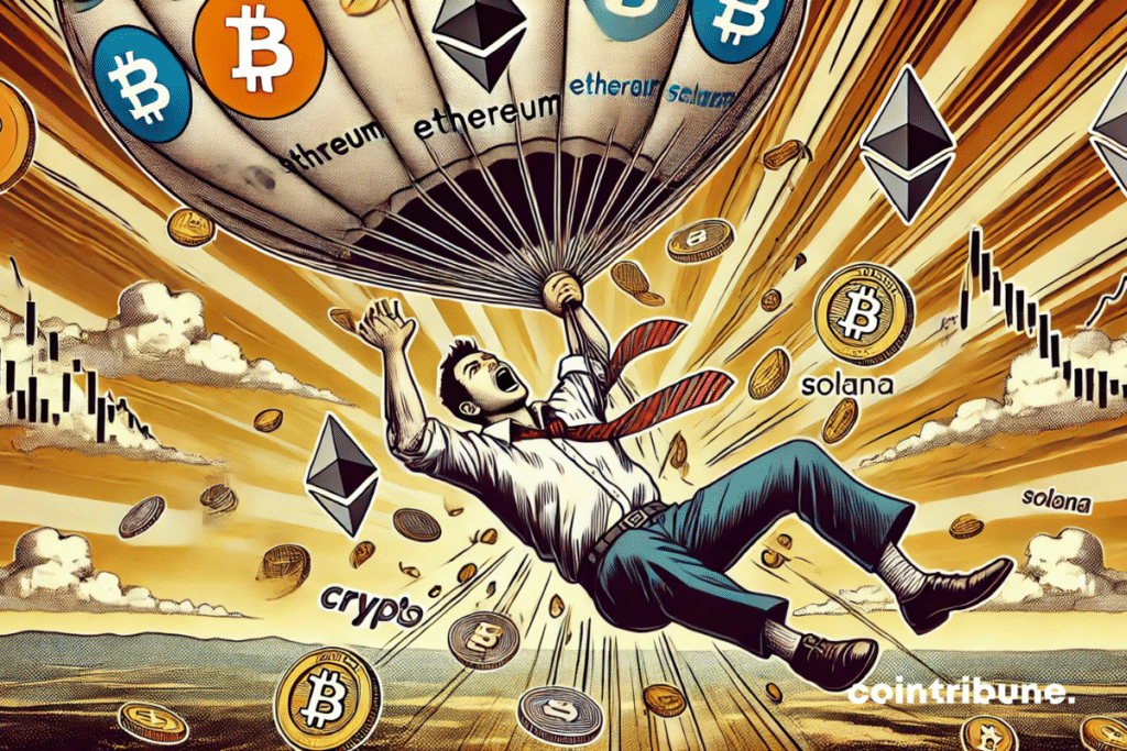 A character hanging from a hot air balloon losing altitude, with crypto coins raining down, symbolizing the surge of altcoins.