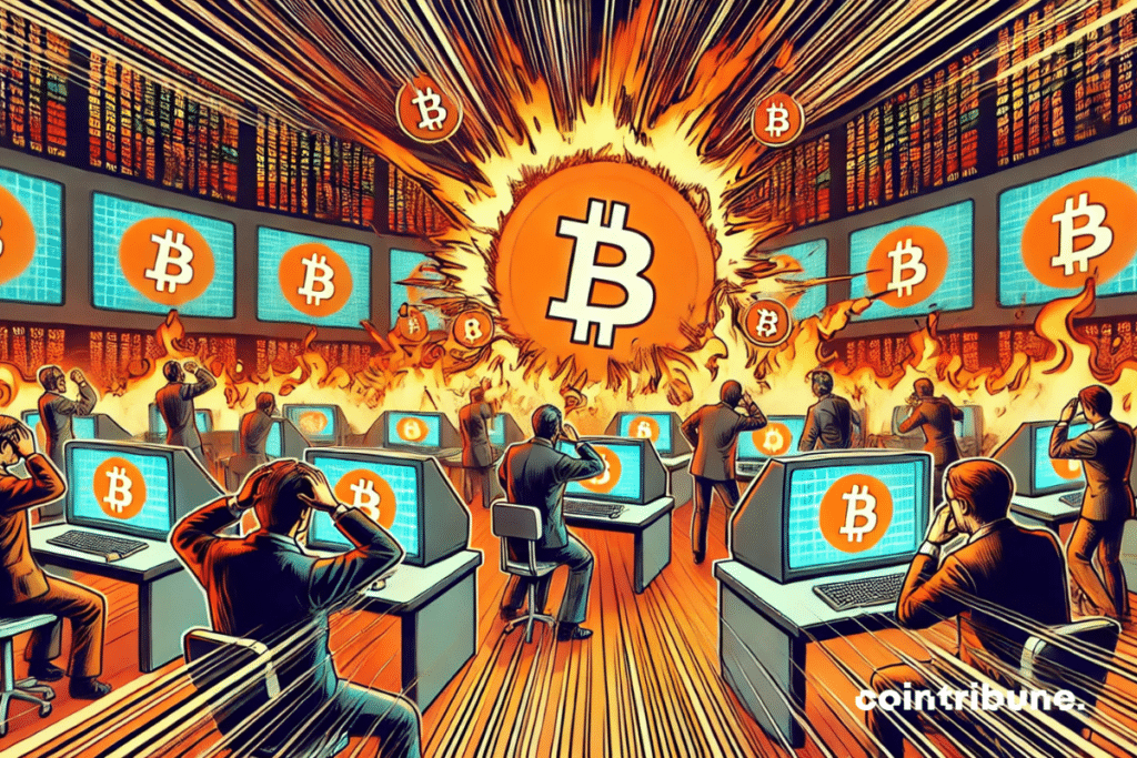 Une salle de marché virtuelle, des traders holographiques paniqués devant des écrans où les graphiques explosent en orange vif. Un écran montrant un Bitcoin en feu.