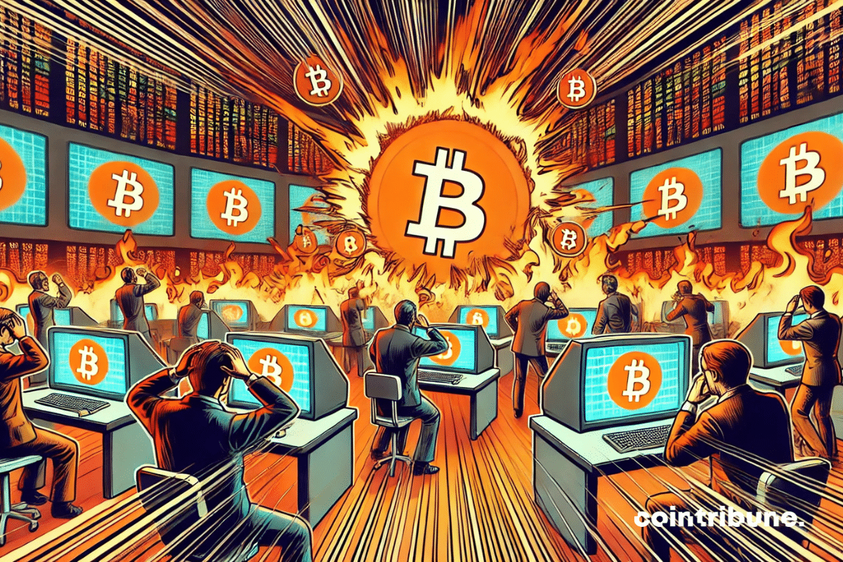 Une salle de marché virtuelle, des traders holographiques paniqués devant des écrans où les graphiques explosent en orange vif. Un écran montrant un Bitcoin en feu.