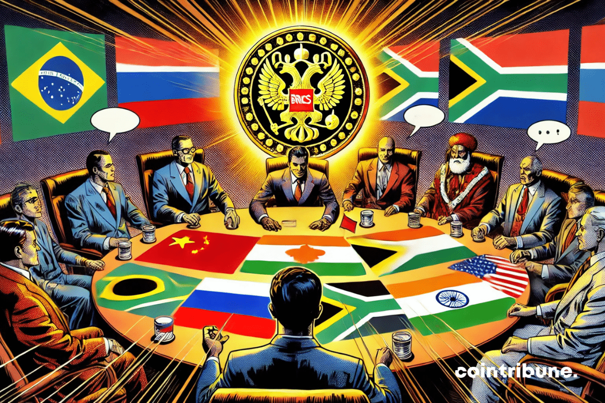 Vue plongeante d'une table ronde avec des représentants des BRICS discutant intensément. Un personnage symbolique manipulant une pièce dorée marquée des drapeaux des BRICS.