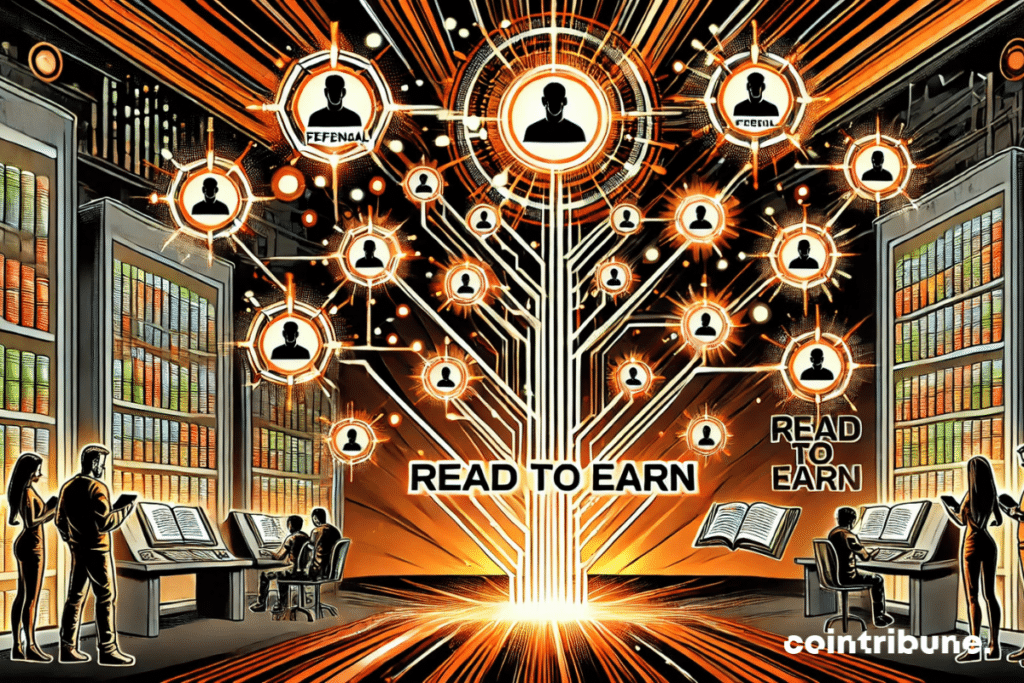 illustration mettant en scène le Read to Earn de Cointribune suivant un système de parrainage futuriste, représenté par une structure digitale en forme d'arbre, avec des connexions lumineuses et des interactions dynamiques