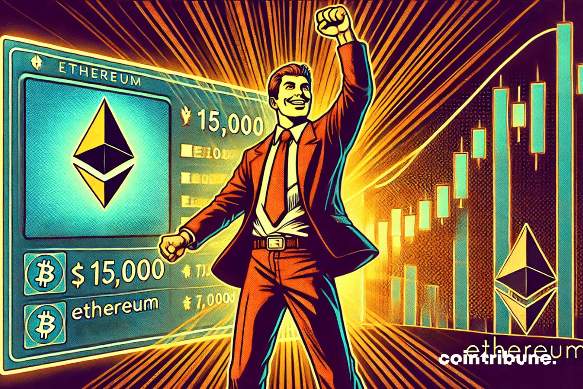 A smiling character, raising their arms in triumph, in front of a screen displaying an Ethereum crypto wallet with 'Ξ 15,000 $' prominently.