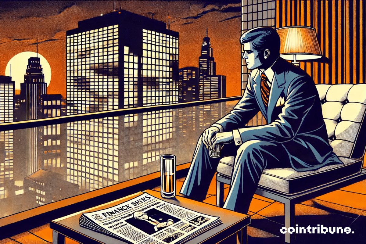 A penthouse terrace at night, a billionaire in a suit sitting alone with a glass in hand, gazing at the city below.