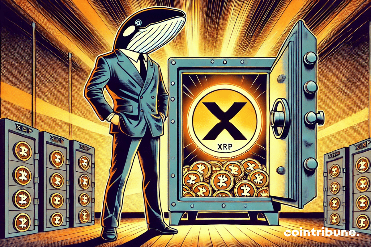 A man with a whale head standing in front of a safe filled with glowing XRP coins.