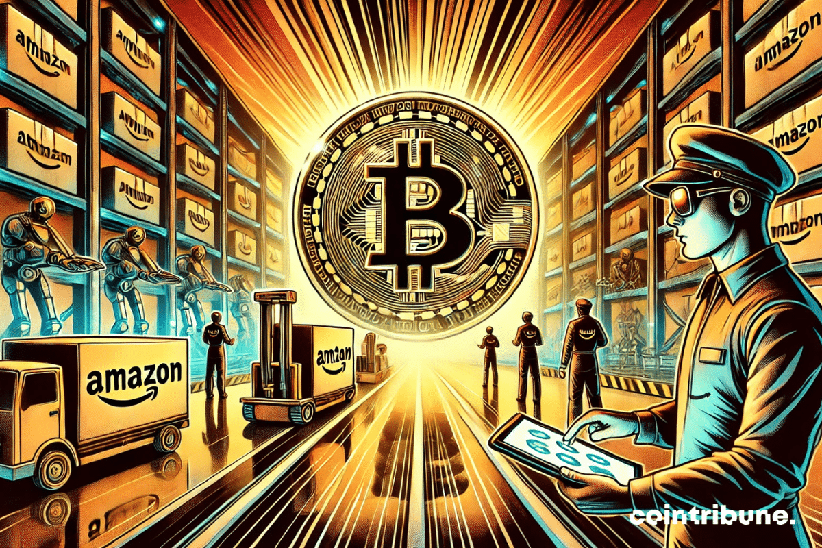 Un entrepôt Amazon en arrière-plan avec une énorme pièce de Bitcoin brillant au centre. Un employé d’Amazon vêtu d’un uniforme reconnaissable, regardant stupéfait une tablette affichant des icônes de crypto.