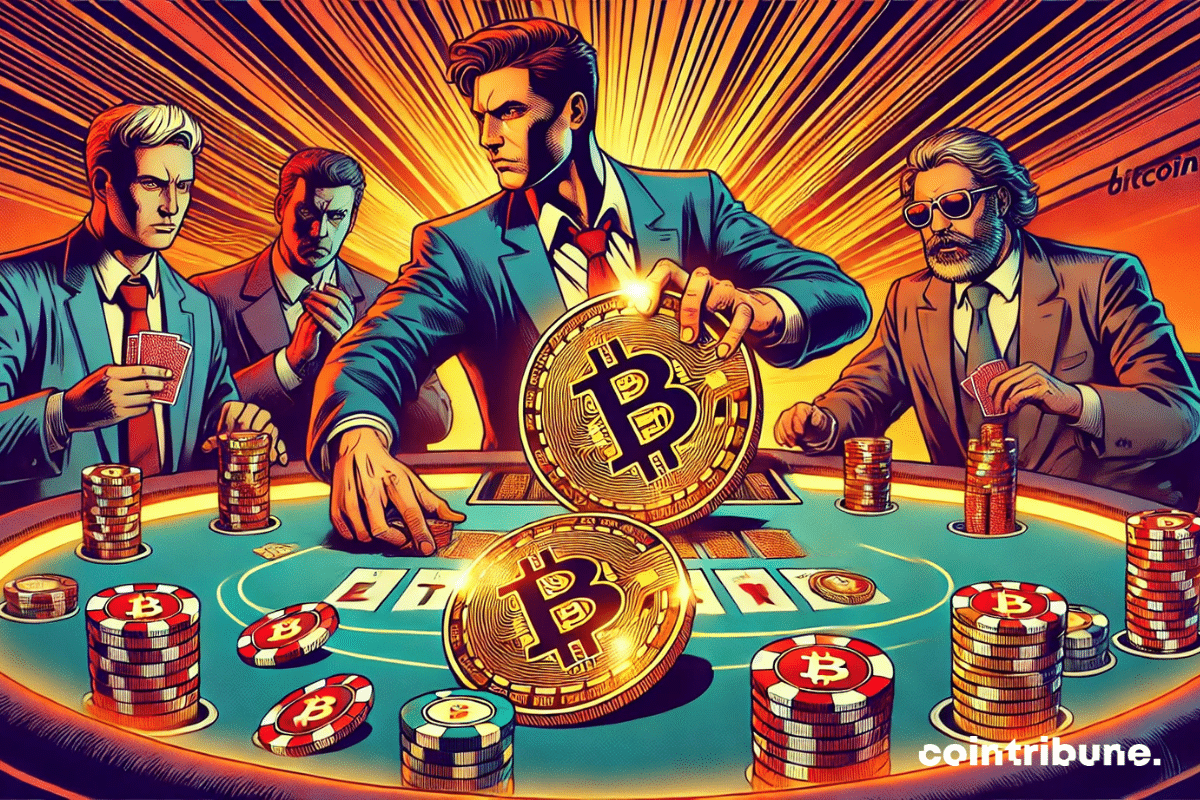 Vue plongeante sur une table de casino où les jetons sont remplacés par des pièces Bitcoin. Plusieurs joueurs qui symbolisent les entreprises de minage, un personnage dominant au centre mise tout sur un jeton Bitcoin géant.