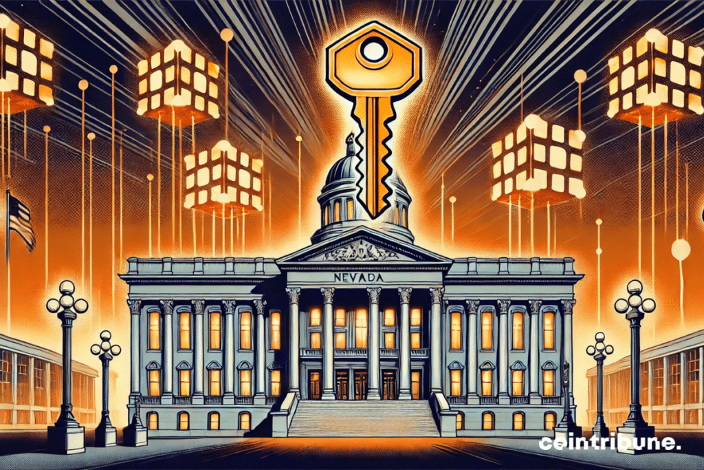 An iconic government building in Nevada, topped by a massive holographic digital key symbolizing blockchain security.