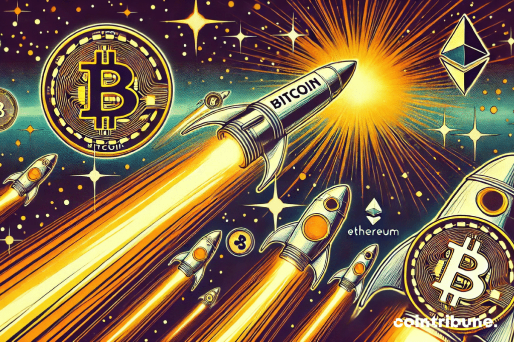 Una escena donde el Bitcoin es una gran nave espacial liderando, seguido de pequeñas naves que representan los altcoins y otras criptomonedas, todas ascendiendo en una trayectoria hacia arriba en un espacio estilizado.