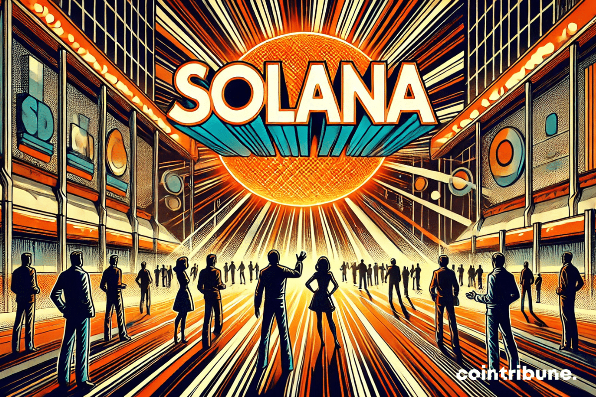 Pro-crypto human silhouettes look towards a massive holographic projection of the word 'Solana' in the sky, in a futuristic and dynamic setting.