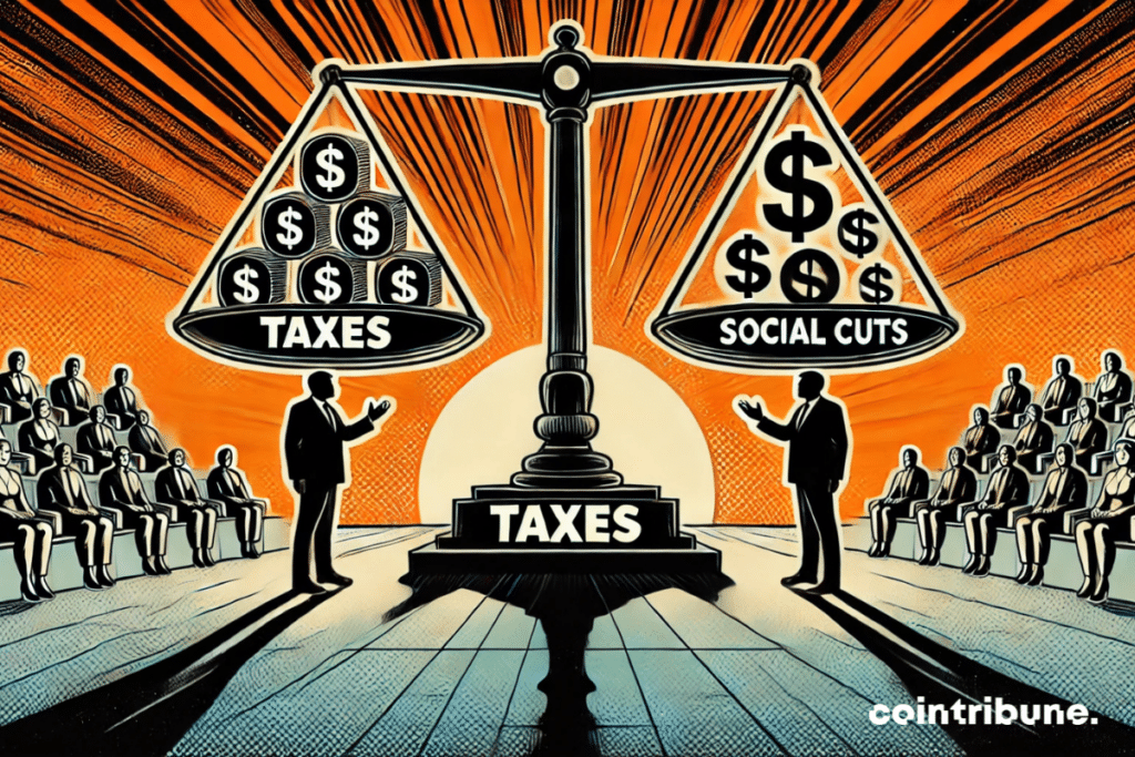 Two silhouettes, one representing Biden and the other Trump, face each other on a symbolic debate stage. Between them, an unbalanced scale with money bills on one side and social cuts on the other.