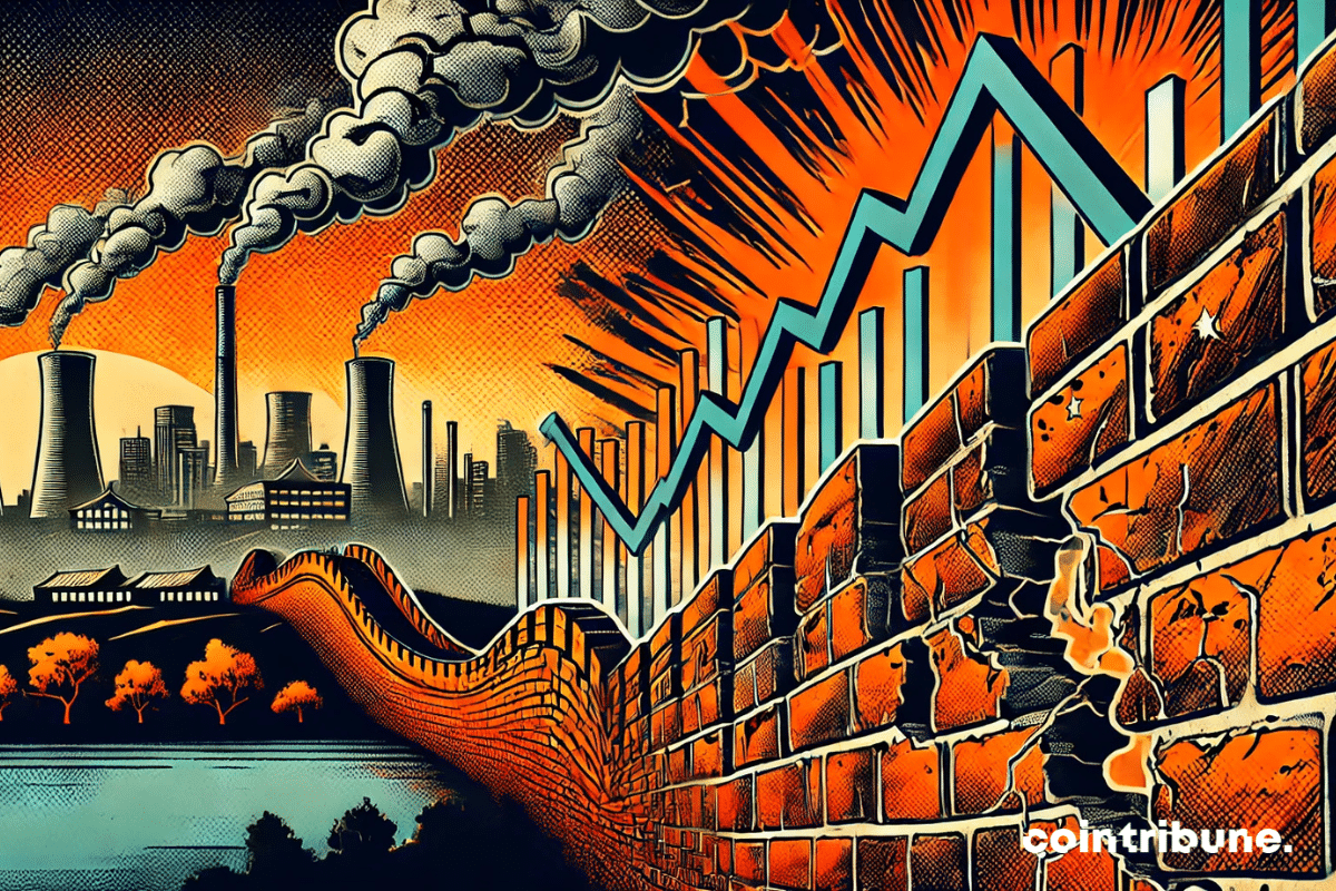 Un segment de la Grande Muraille avec des fissures et des briques tombant, un graphique économique en chute visible en arrière-plan. La muraille en train de s’effondrer partiellement, symbolisant la fragilité de l'économie.