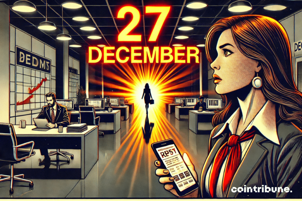 Un bureau moderne avec un calendrier géant, les cases précédentes gribouillées sauf "27 décembre", encerclée et illuminée. Une femme avec une expression tendue, tenant un téléphone affichant une alerte financière sur les options Bitcoin.