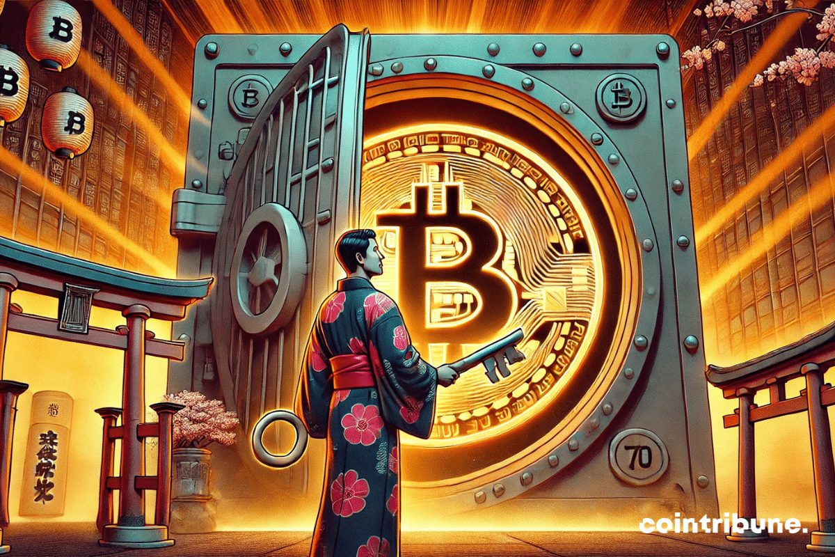 Une scène de coffre-fort géant avec un symbole Bitcoin intégré sur la porte. Un fonctionnaire du Japon en kimono moderne, tenant une clé en forme de Bitcoin.