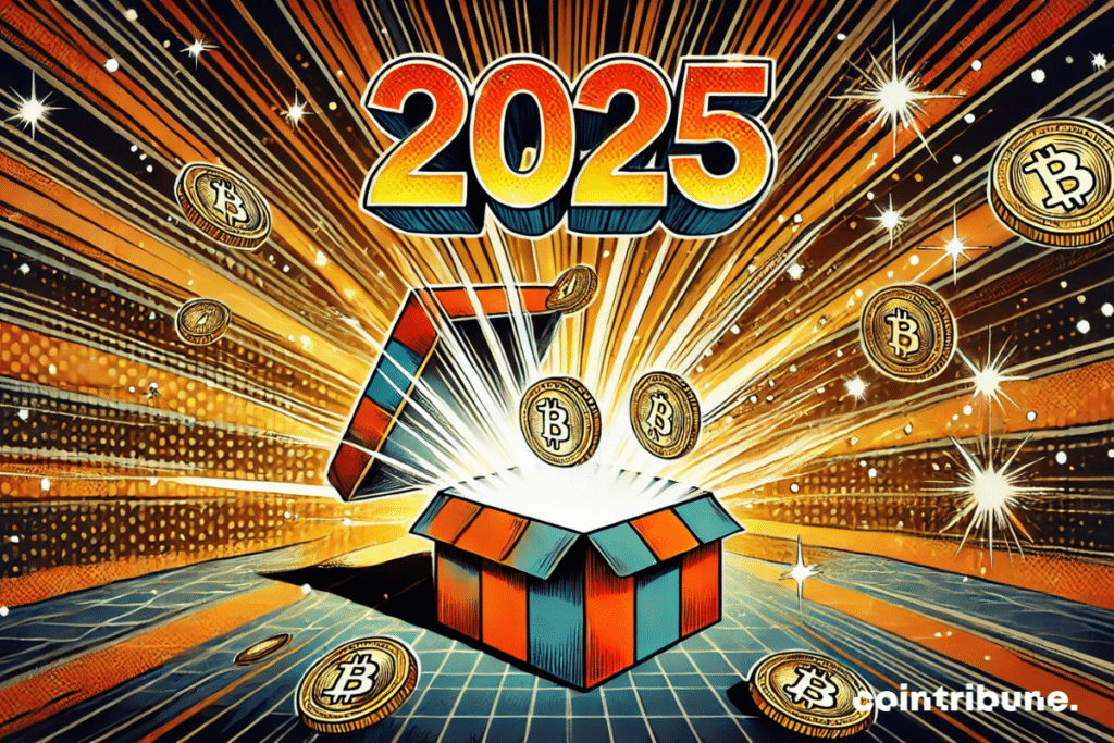 A large surprise box open, with luminous Bitcoins bursting out like fireworks. A hologram displays '2025' above.