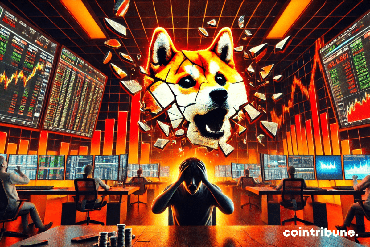 A chaotic trading floor with screens displaying a red declining chart. A Shiba Inu logo is bright but fragmented.