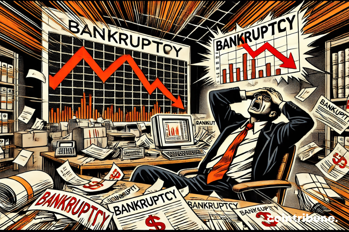 Un bureau en désordre, avec des papiers financiers marqués de rouge et un graphique plongeant sur un écran. Un cadre supérieur, désespéré, tenant une pancarte « faillite » ce qui symbolise la défaillance des entreprises dans l'économie mondiale.