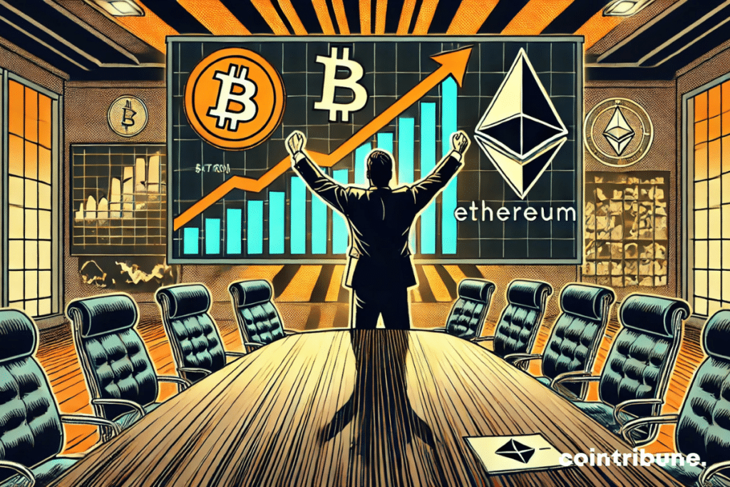 A scene in a modern conference room. On a large screen, an upward graph marked with Bitcoin and Ethereum logos.