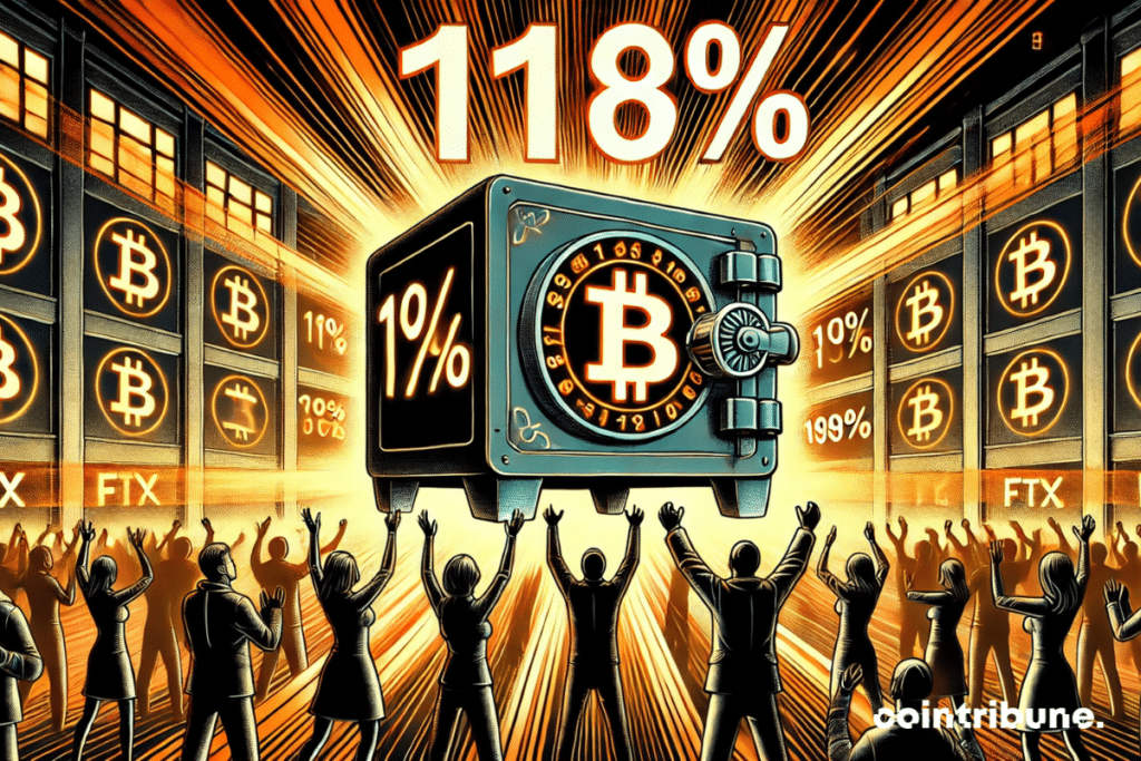 Coffre-fort numérique au centre, très visible, avec 118 % gravé en orange vif, clairement lisible. Autour, des silhouettes humaines euphoriques avec des bras levés pour montrer la joie. En arrière-plan, l'exchange crypto FTX en grand, bien visible et lumineux.