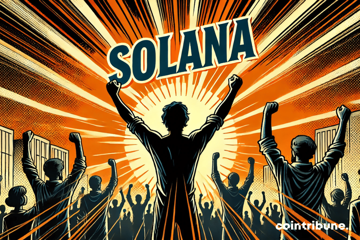 Euphoric pro-crypto human silhouettes with the inscription Solana in bright orange