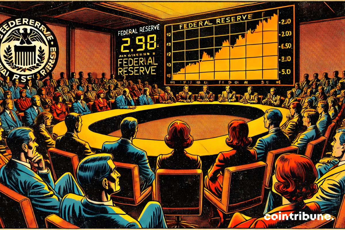 A conference room where anxious investors watch a large screen showing a Fed announcement.