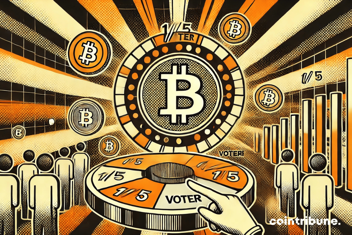 A central Bitcoin surrounded by crypto icons and geometric shapes symbolically representing voters, with the number '1/5' highlighted.