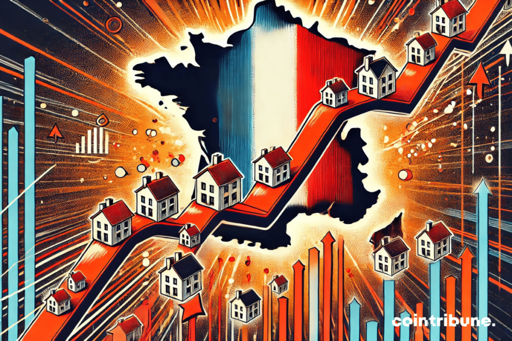 Un mapa de Francia estilizado con casas en miniatura deslizándose a lo largo de flechas hacia abajo.