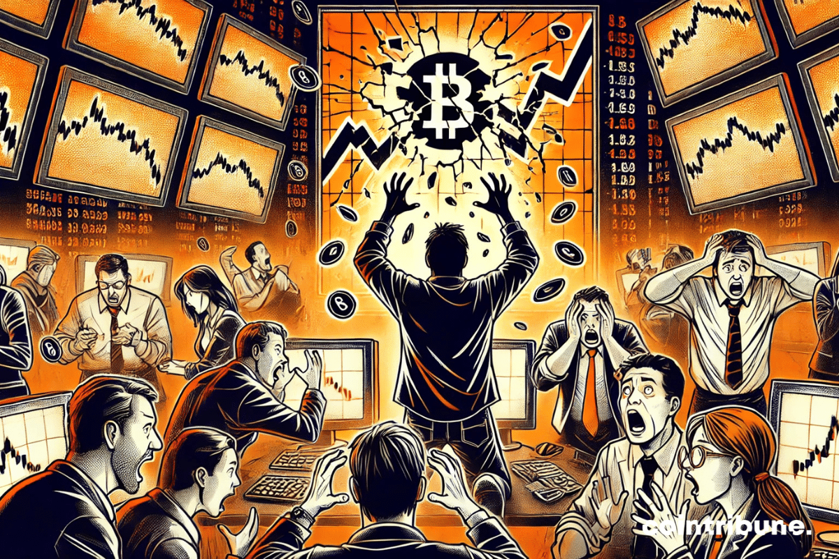 A stock market scene with several panicked traders, each staring at a screen displaying a broken Bitcoin.