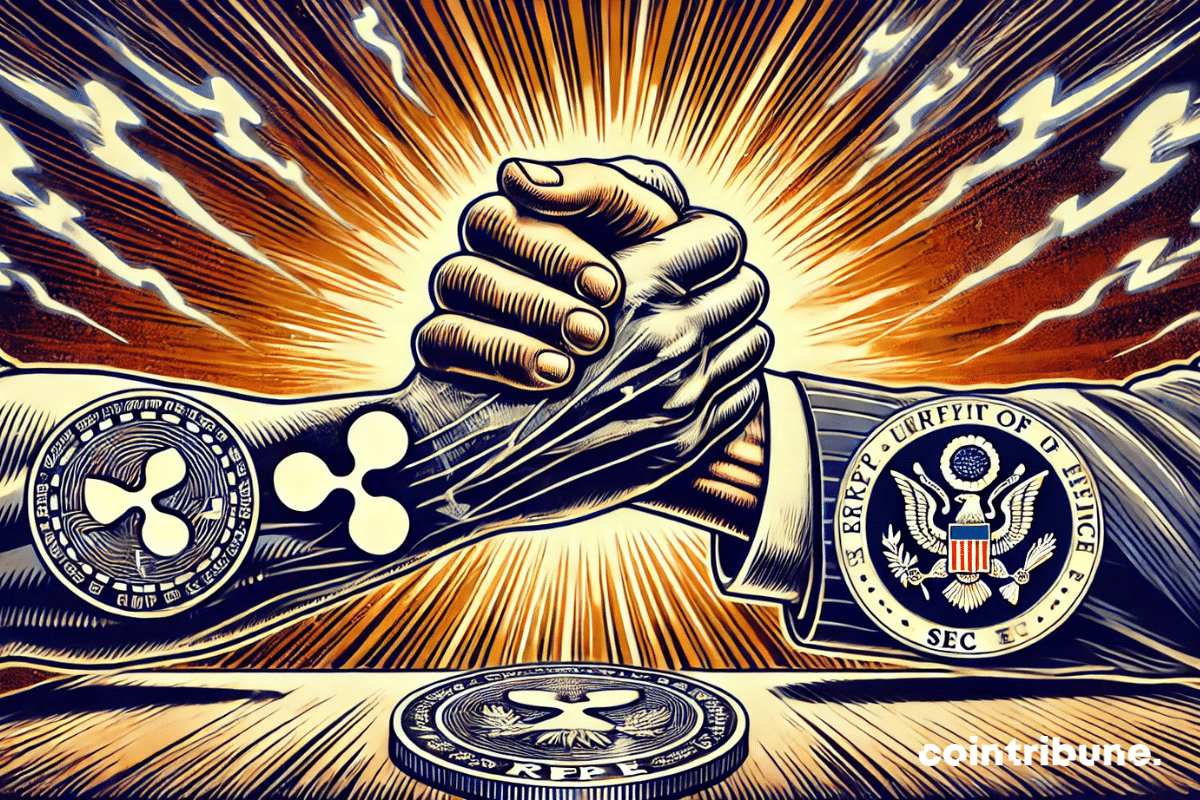 Une scène symbolique d’un bras de fer entre deux mains stylisées. Une main représente Ripple avec des symboles de crypto, et l’autre, la SEC, avec un badge officiel. Les mains en plein effort, avec un éclat de lumière à l’intersection pour symboliser le conflit.