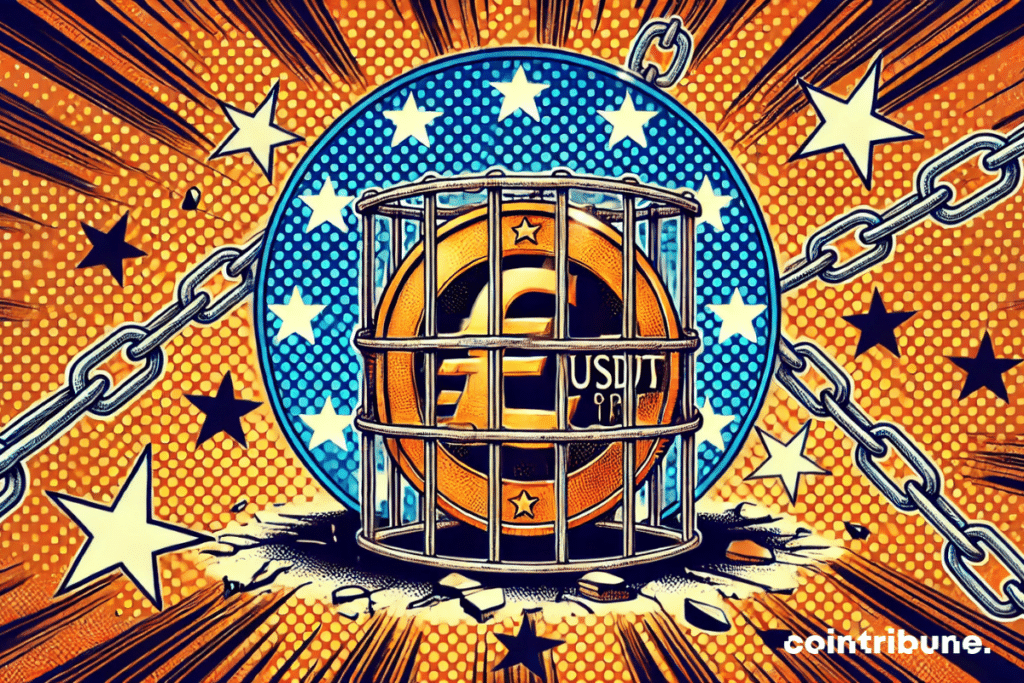 Une pièce crypto USDT géante au centre, entourée par des chaînes ou des barres formant une cage. En arrière-plan, des étoiles du drapeau européen sont disposées de manière fracturée.