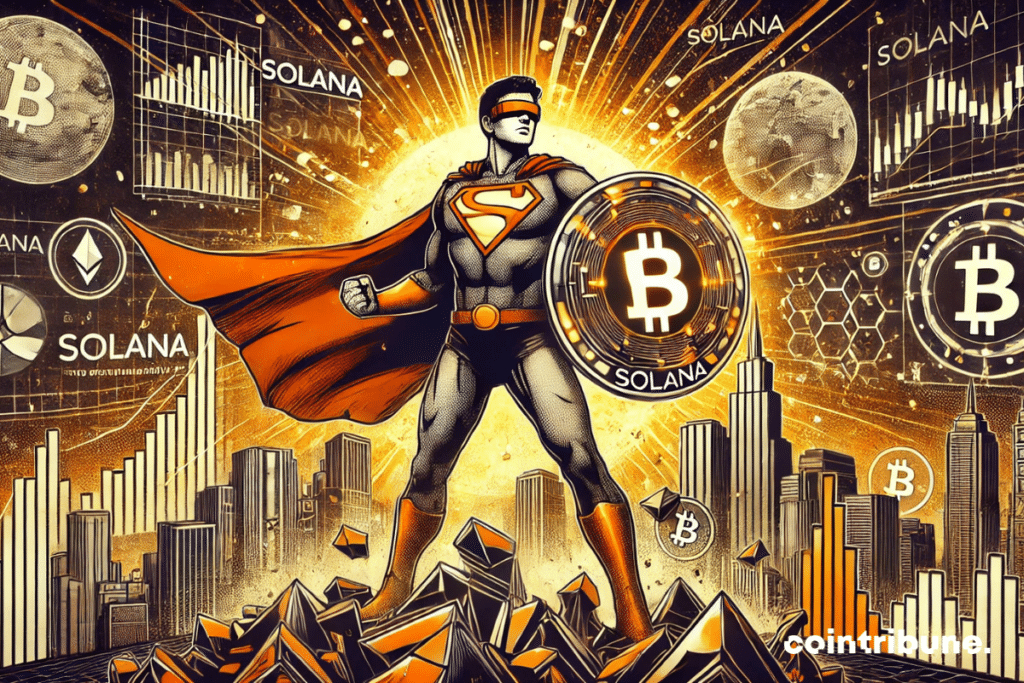 A dystopian city where crypto financial graphs descend in the background. Futuristic hero holding a shield with the Solana logo.