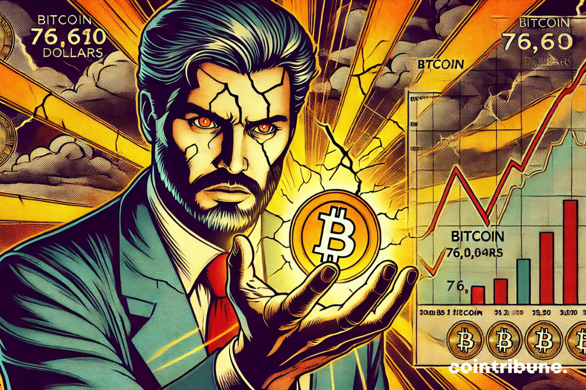 Personnage stylisé de Peter Brandt tenant un graphique craquelé, affichant Bitcoin à 76 614 $ au bord d'une chute.