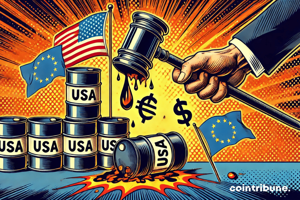 Oil barrels labeled 'USA' facing European flags falling under a symbolic tax hammer.