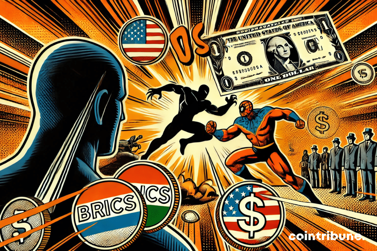 A visual battle between BRICS coins and dollar bills.