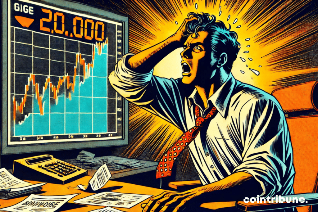 Interior, dark office lit by a screen. Close-up of the investor. Middle-aged man, tie loosened, face marked with astonishment. His hands grip his hair. A chart with the number $20,000 is falling on the screen, symbolizing the fall of Bitcoin.