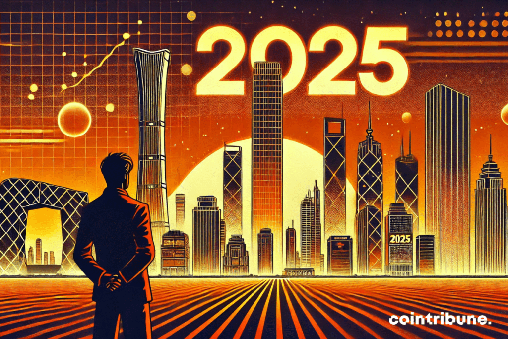 Panoramic view of Beijing, capital city of China, futuristic and orange lit. Silhouette of economic planner, back to camera, observing futuristic city. Horizon with buildings with orange outlines and giant screen "2025".