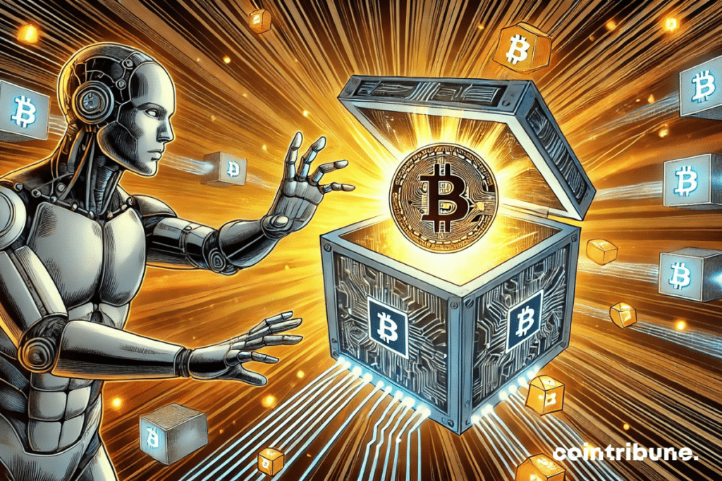 A glowing blockchain runs through the image. A stylized humanoid robot reaching for an open digital chest. The chest lights up to reveal a glowing Bitcoin token surrounded by circuits that symbolize DeFi.