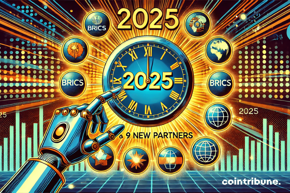 Une horloge futuriste affichant "2025", entourée de symboles représentant les BRICS et les nouveaux partenaires. Une main futuriste ajustant l’horloge.