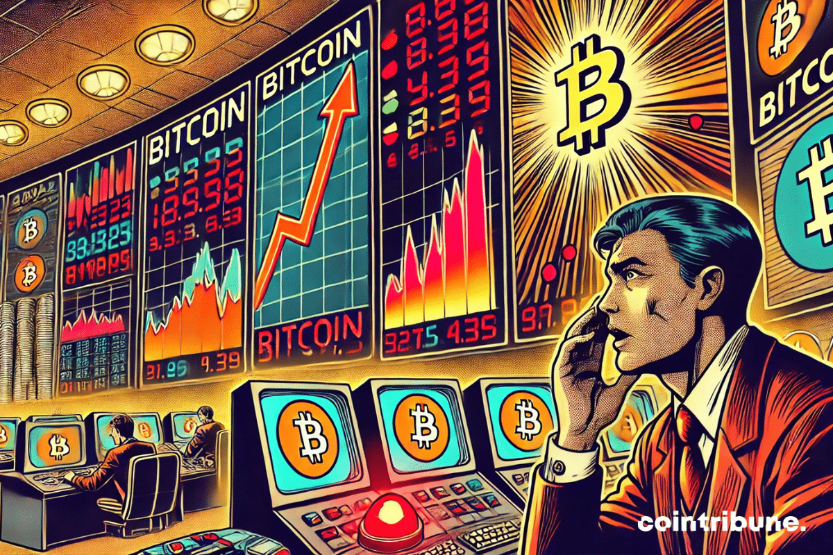 A futuristic trading floor with glowing screens displaying the contrast between Bitcoin's rise and the decline of mining companies' stocks.