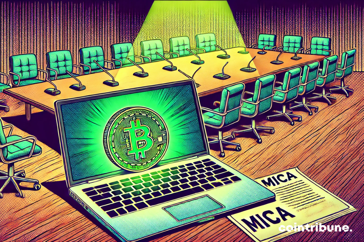 Una reunión virtual proyectada en una pantalla. Los asientos están vacíos, con un documento titulado «MiCA» abierto frente a la pantalla. Una moneda de criptomonedas USDT está colocada sobre el teclado, iluminada, creando un contraste con el vacío simbólico.