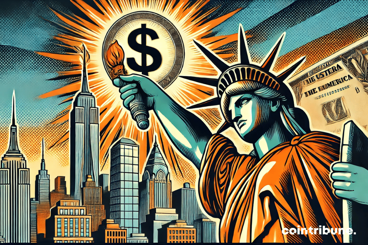 Un paysage urbain américain (comme New York) avec un gratte-ciel transformé en gigantesque billet de 1 dollar. Une silhouette de statue représentant la liberté, tenant un symbole du dollar lumineux.