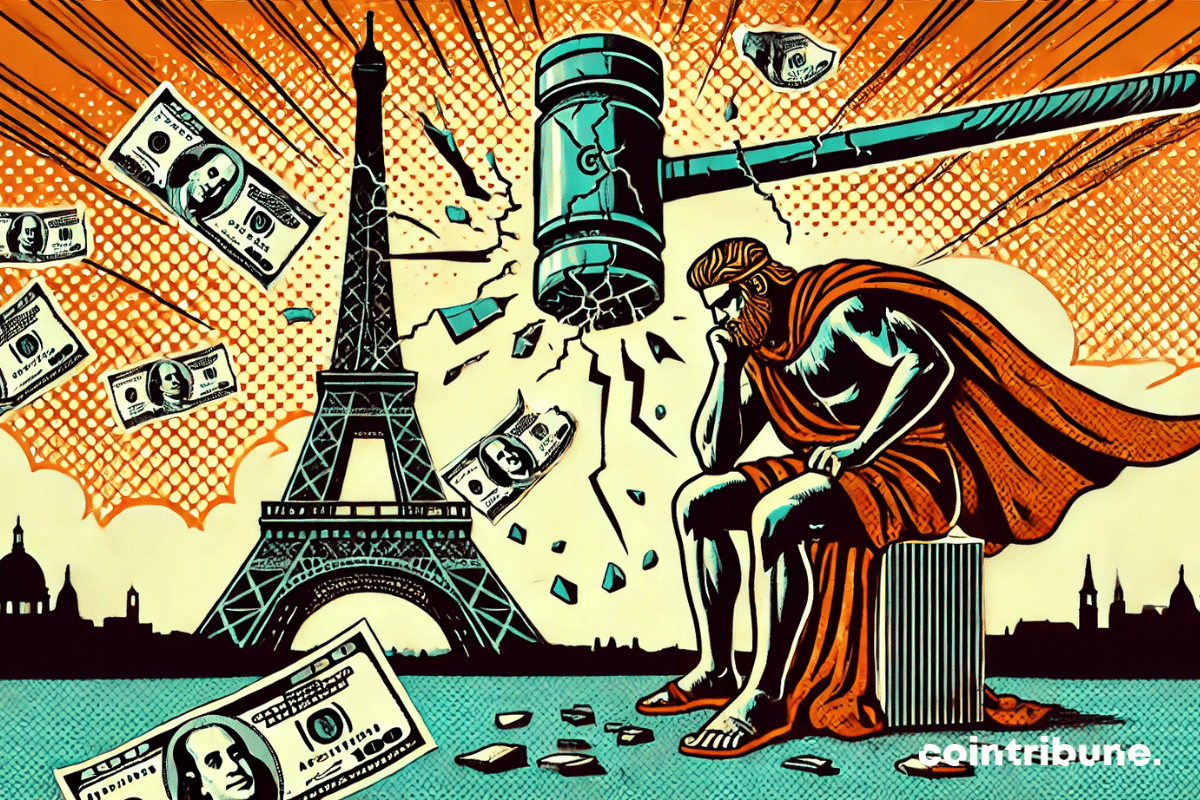 La tour Eiffel de France en arrière-plan, penchée ou brisée, devant une pluie de billets déchirés. Une figure représentant la richesse, vêtue de luxe, accablée par des nuages noirs ou un coup de marteau géant.